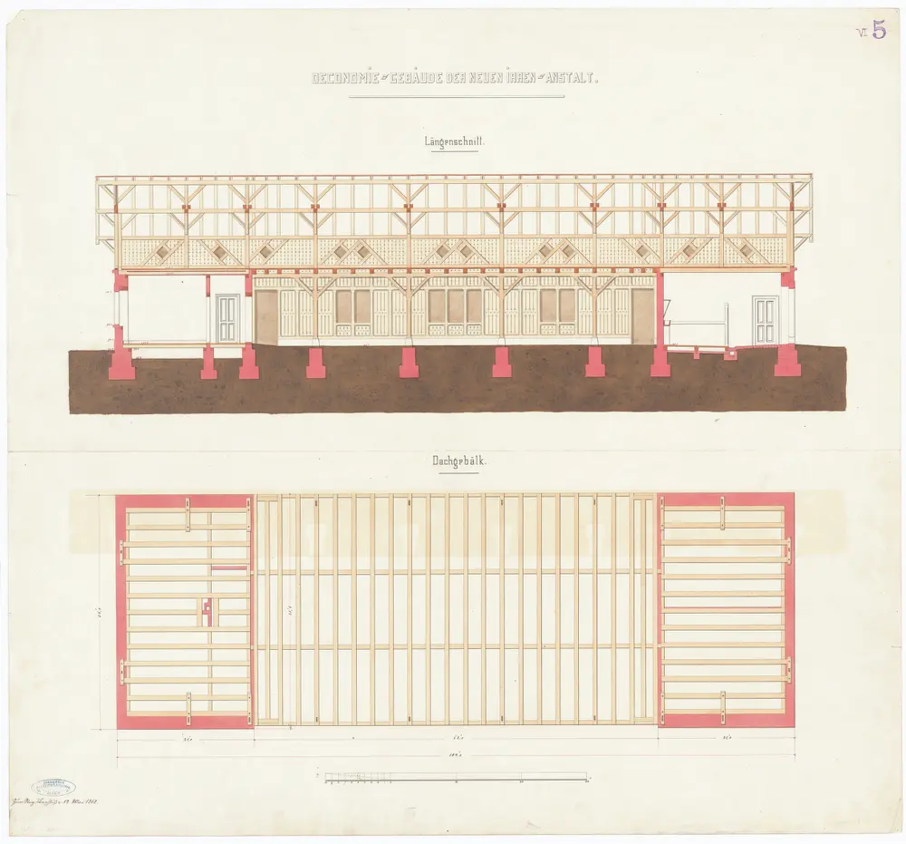 Irrenanstalt Burghölzli, Ökonomiegebäude: Gebälk; Grundriss und Querschnitt