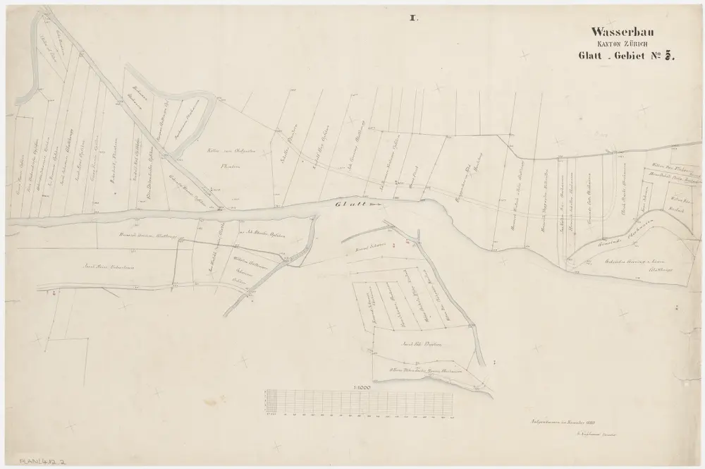 Schwamendingen bis Opfikon: Alte Glatt und Grundstückeigentümer; Situationsplan und Situationsplan-Handriss (Glatt-Gebiet Nr. 5): Blatt II: Bahnlinie von Wallisellen bis Opfikon; Situationsplan (Glatt-Gebiet Nr. 5)