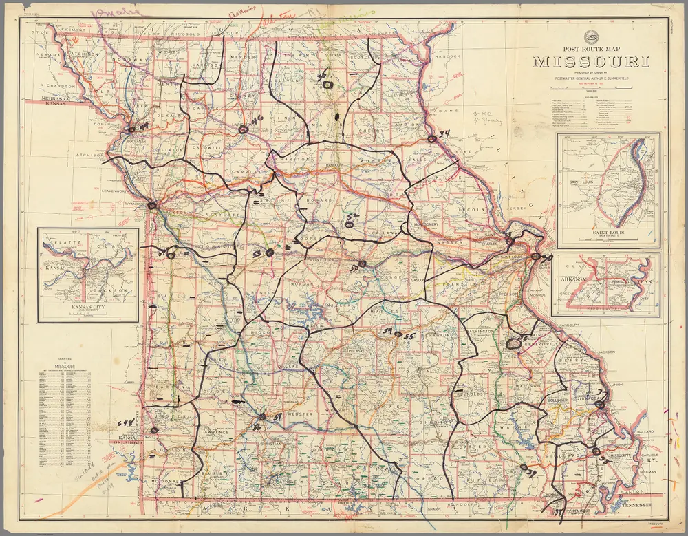 Post Route Map of the State of Missouri Showing Post Offices ... September 15, 1953.