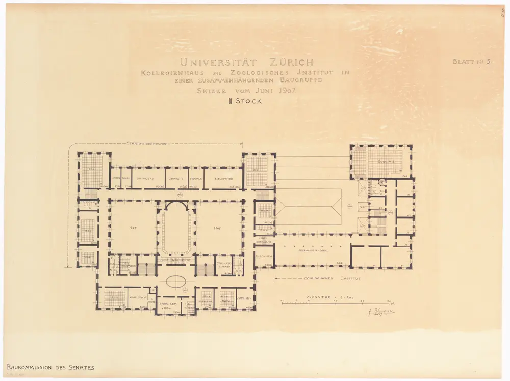 Universität Zürich, projektiertes Kollegienhaus und projektiertes Zoologisches Institut: 2. Stock; Grundriss (Nr. 5)