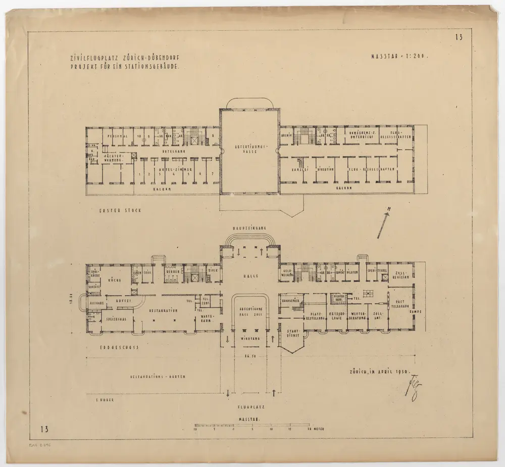 Dübendorf: Zivilflugplatz, projektiertes Stationsgebäude, Erdgeschoss und 1. Stock; Grundrisse