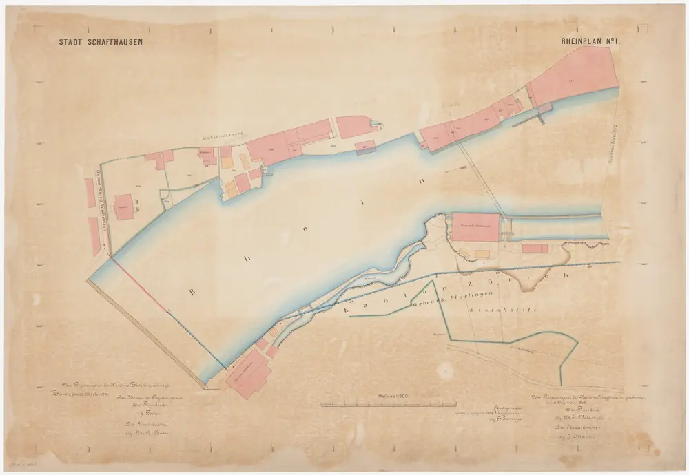 Feuerthalen bis Flurlingen: Durch den Vertrag vom 11.01.1901 zwischen den Kantonen Zürich und Schaffhausen festgelegter Grenzverlauf am linken Rheinufer bei Schaffhausen; Situationspläne: Rhein in Schaffhausen bei der Grenze zu Neuhausen SH und Flurlingen; Situationsplan (Rheinplan Nr. I)