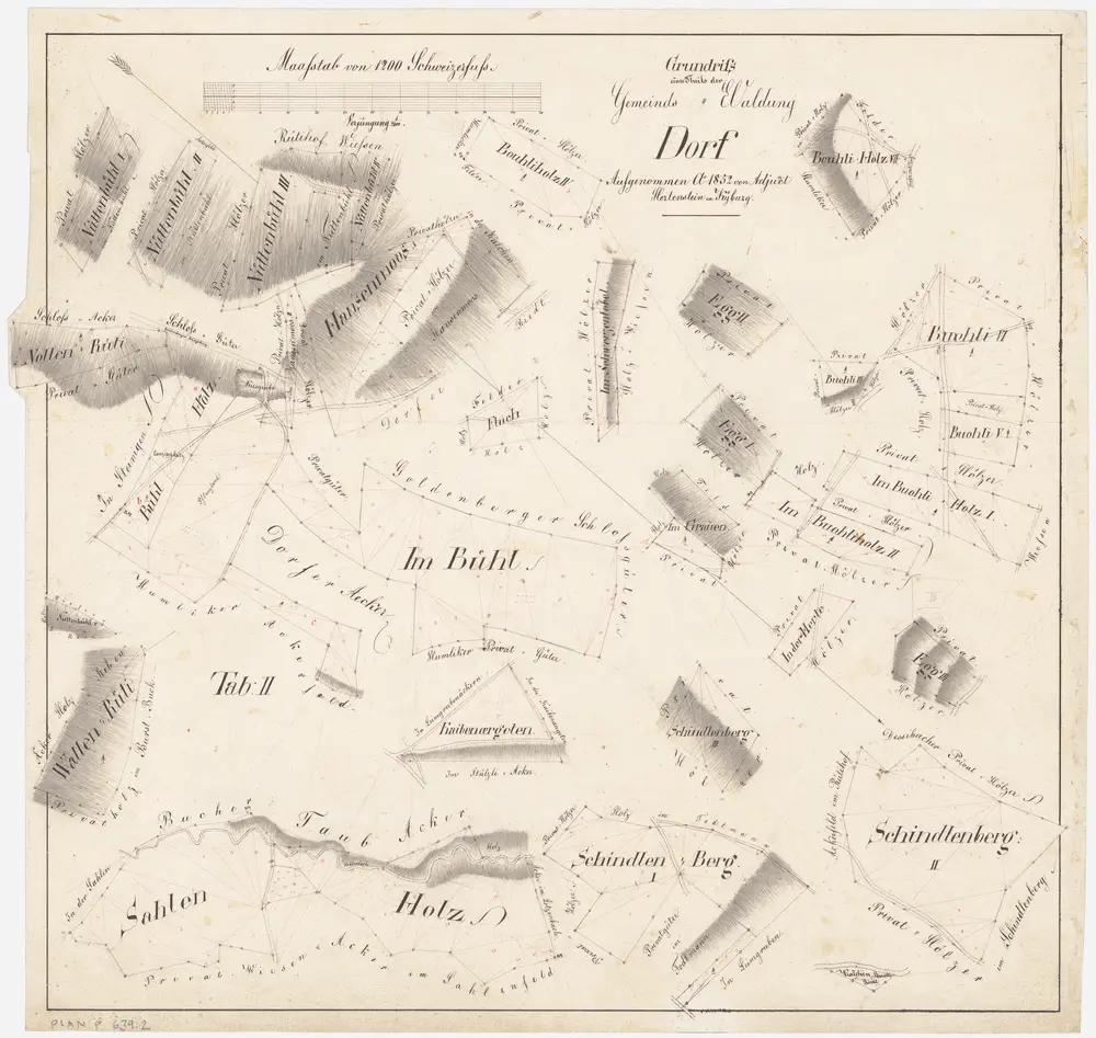 Dorf: Gemeindewaldung: Buoli (Buohli), Grauen, Herten, Egg, Salenholz (Sahlenholz), Schindlenberg, Hansenmoos, Nittenbüel (Nüttenbühl), Büel (Im Bühl), Glungghölzli; Grundrisse (Tab. II)