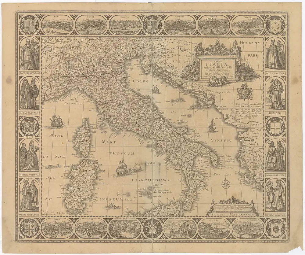 TABULA ITALIAE, Corsicae, Sardiniae, et adjacentium Regnorum, nec non viva praecipuarum Urbium, Locorum, Insignium, et Vestituum