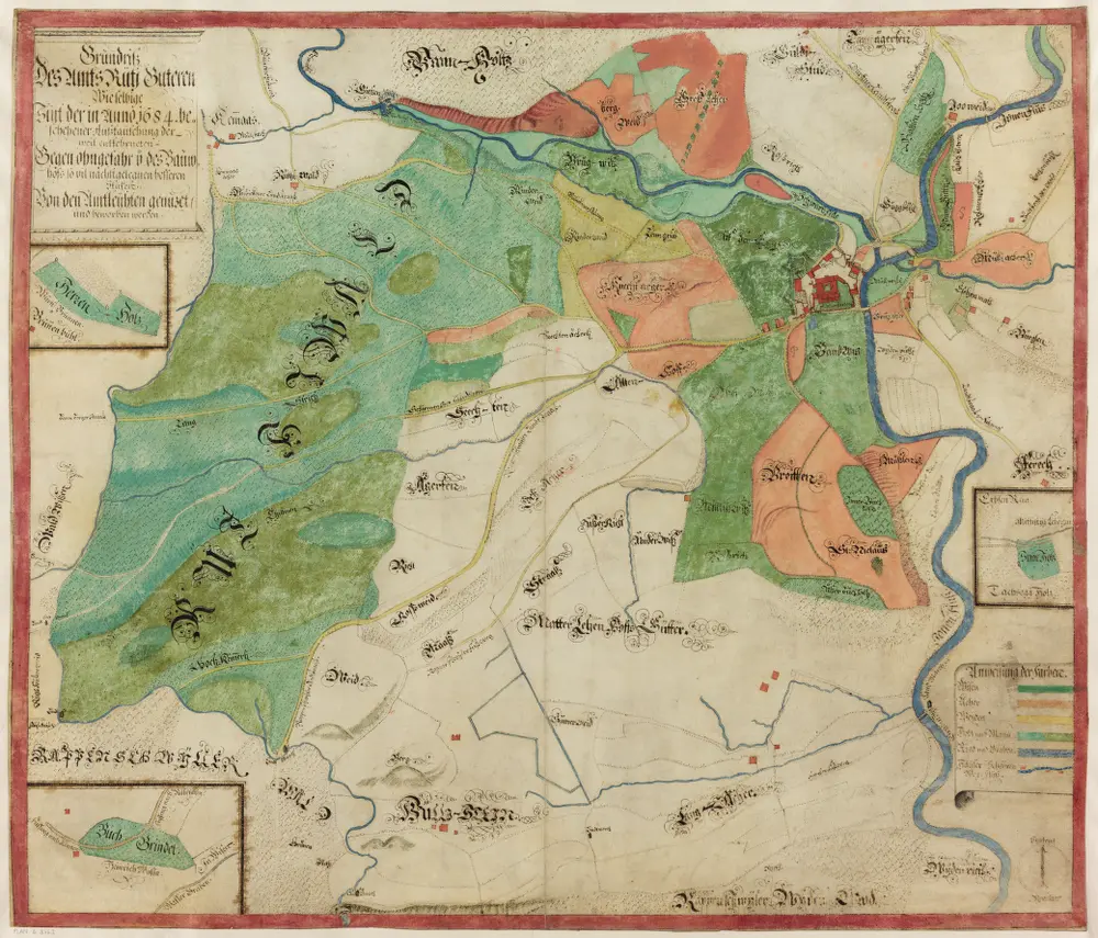 Rüti, Dürnten, Bubikon, Wald, Goldingen SG: Grundriss und Beschreibung der Güter, Waldungen und Handlehen des Amts Rüti sowie der beiden Alpen Scheidegg und Boalp (ältere Schreibweise: Poo-Alp), Band I: Seite 18: Güter des Amts Rüti nach dem Güterabtausch von 1684; Grundrisse