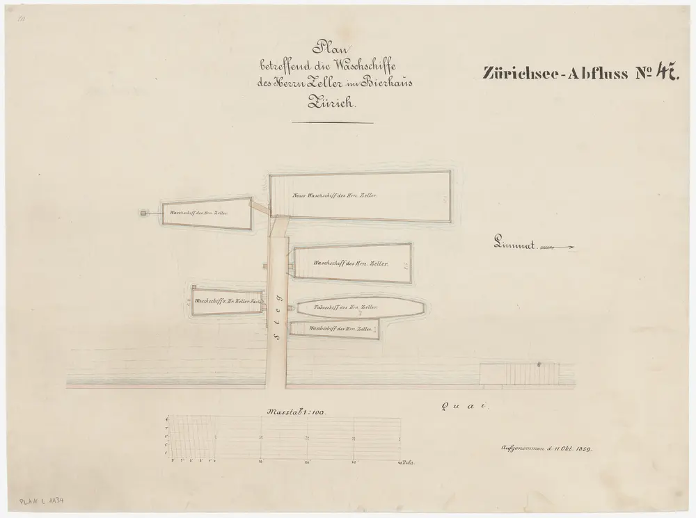 Zürich: Vermutlich am Niederdorfquai, Waschschiffe von Herrn Zeller im Bierhaus; Situationsplan (Zürichsee-Abfluss Nr. 47)