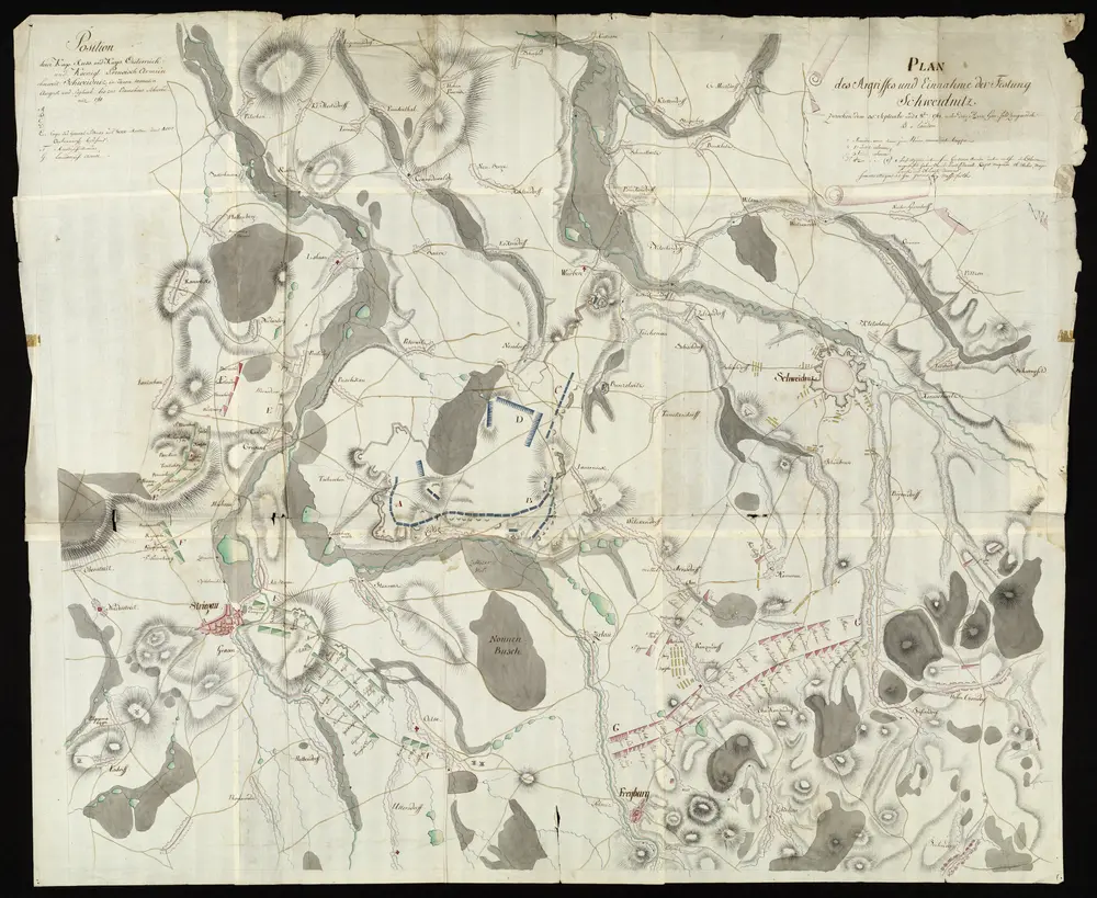 HZAN GA 100_Nr. 730_ : Schweidnitz; "Plan des Angriffs und Einnahme der Festung Schweidnitz";ohne Verfasser;ohne Maßstab;110 x 94 cm;Kartenrand: Ingramsdorf-Schönfeld-Mertzdorf; Rauschke-Jarischau-Niederstreit; Thomaswalde-Freyburg-Seitendorf; Schwengfeld-Hohengiersdorf;Papier; Federzeichnung mit Schraffen; Siedlungen, Gewässer und Talauen in Wasserfarben; Truppenstellungen.