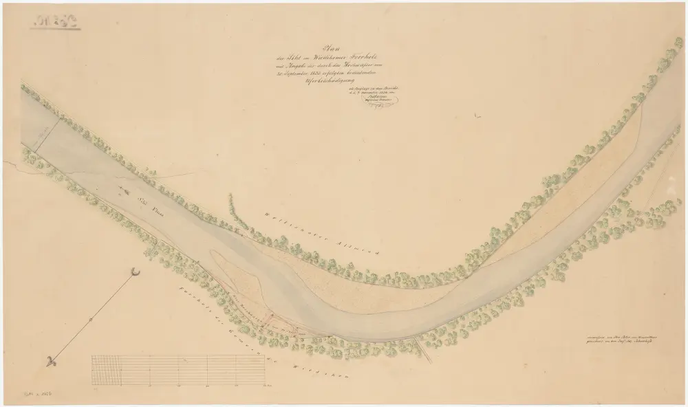 Wollishofen, Wiedikon: Sihl beim Forrenwald (Forrholz), Uferbeschädigung durch Hochwasser vom 20.09.1833; Situationsplan