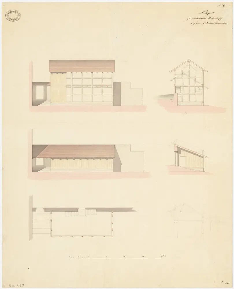 Schönenberg: Alter und projektierter neuer Holzschuppen; Grundriss des neuen sowie Ansichten und Querschnitte des alten und des neuen Holzschuppens (Nr. 6)