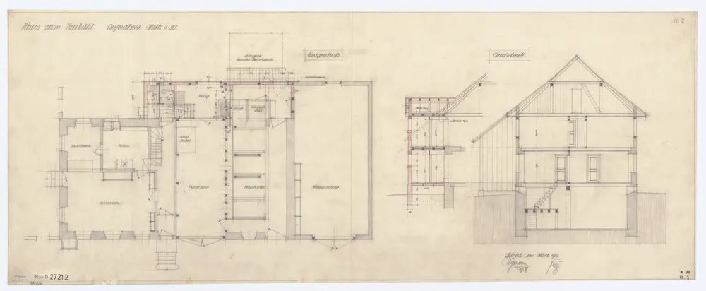 Haus zum Neubühl: Ansichten, Grundrisse und Querschnitt: Grundriss (Erdgeschoss) und Querschnitt