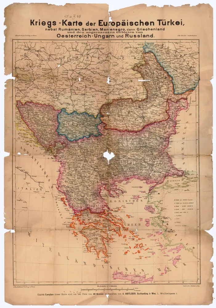 Kriegs-Karte der europäischen Türkei, nebst Rumänien, Serbien, Montenegro, dann Griechenland und den angrenzenden Gebieten von Oesterreich-Ungarn und Russland