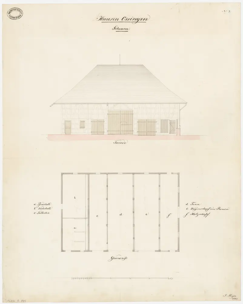 Ossingen: Scheune; Ansicht und Grundriss (Nr. 7)