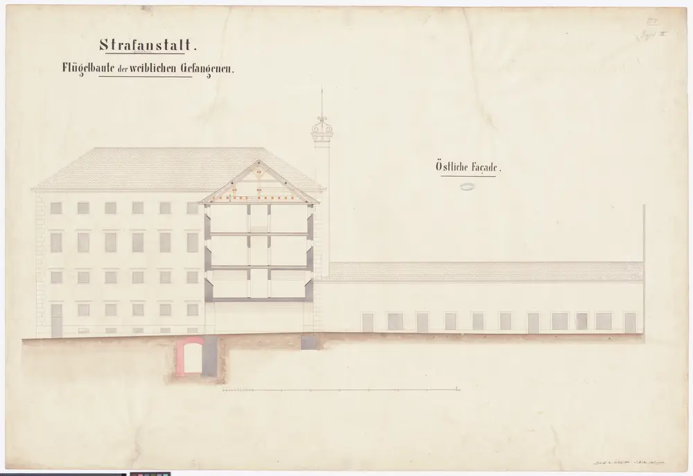 Kantonale Strafanstalt Oetenbach: Um- und Ausbau; Flügel für weibliche Gefangene; Ostansicht (2. Projekt)