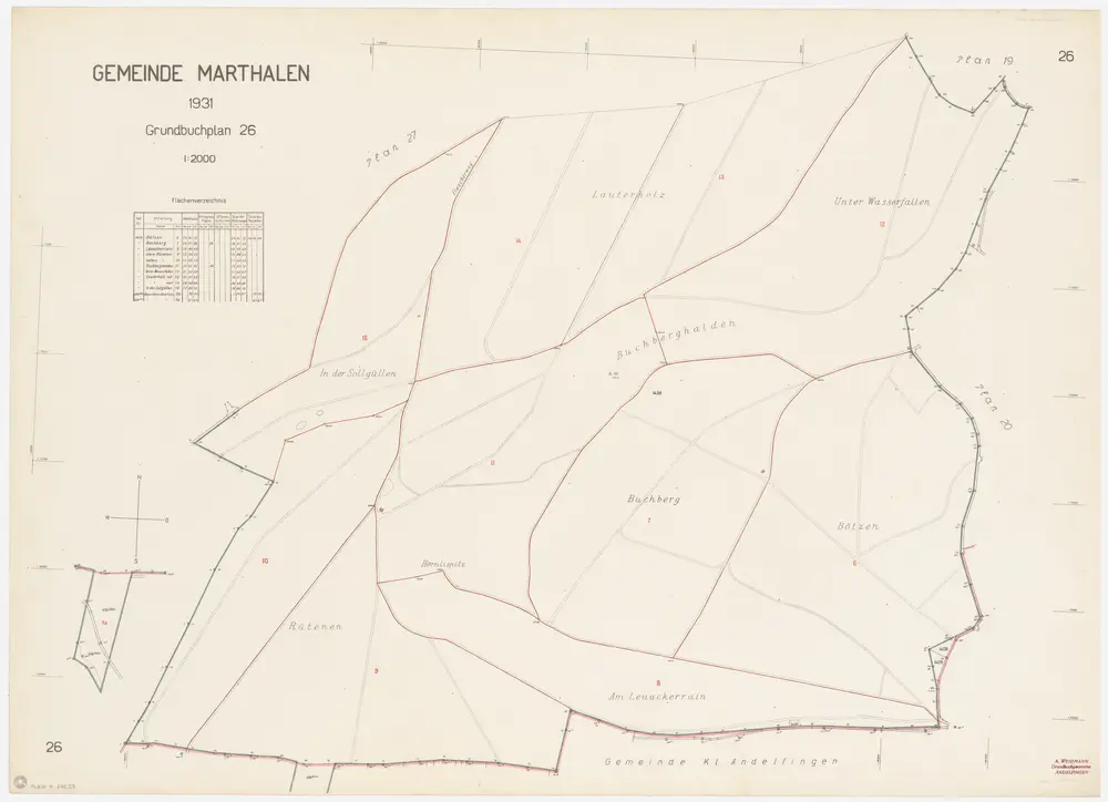 Marthalen: Gemeindewaldung: Botzen (Bötzen), Buechberg (Buchberg), Leuacker, Rütenen (Reutenen), Solgüllen (Sollgüllen), Unter den Wasserfall, Luterholz (Lauterholz), Bann Alten Oberholz; Grundrisse