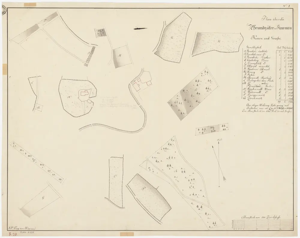 Knonau: Pfrundgüter Kirchenmattwiese bei der Kirche sowie Grünholz und Laubholz, Grünholzrain, Grünholzbuchen, Amlisbergtannen, Binzegghölzli, Allgreut, Reutenen, Binzeggallmend, Reben, Munimatt, Thalaegerten, Pfrundland, Kirchenmatt, Weidenmatt, Bareggerweidli und Zürichweidli; Grundrisse (Nr. 1)