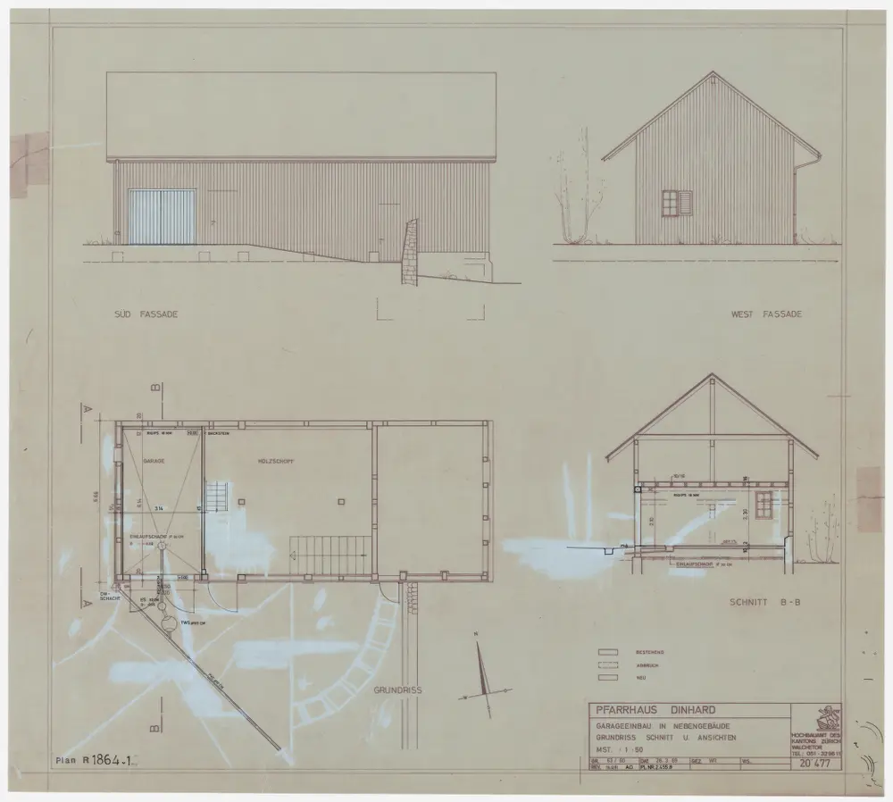 Dinhard: Holzschuppen, Garageneinbau: Grundriss, Querschnitt, Süd- und Westansichten