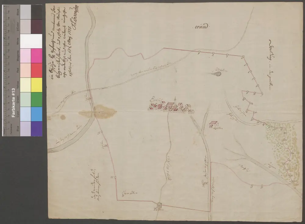 HZAN GA 100_Nr. 67_ : Eschelbach (Kr. Öhringen); "Markungskarte" [anläßlich einer Markungsumgehung verfertigt];ohne Verfasser;40 x 34 cm;Papier; Handzeichnung; Grenze und Häuser Wasserfarben; Eintrag der Versteinung.