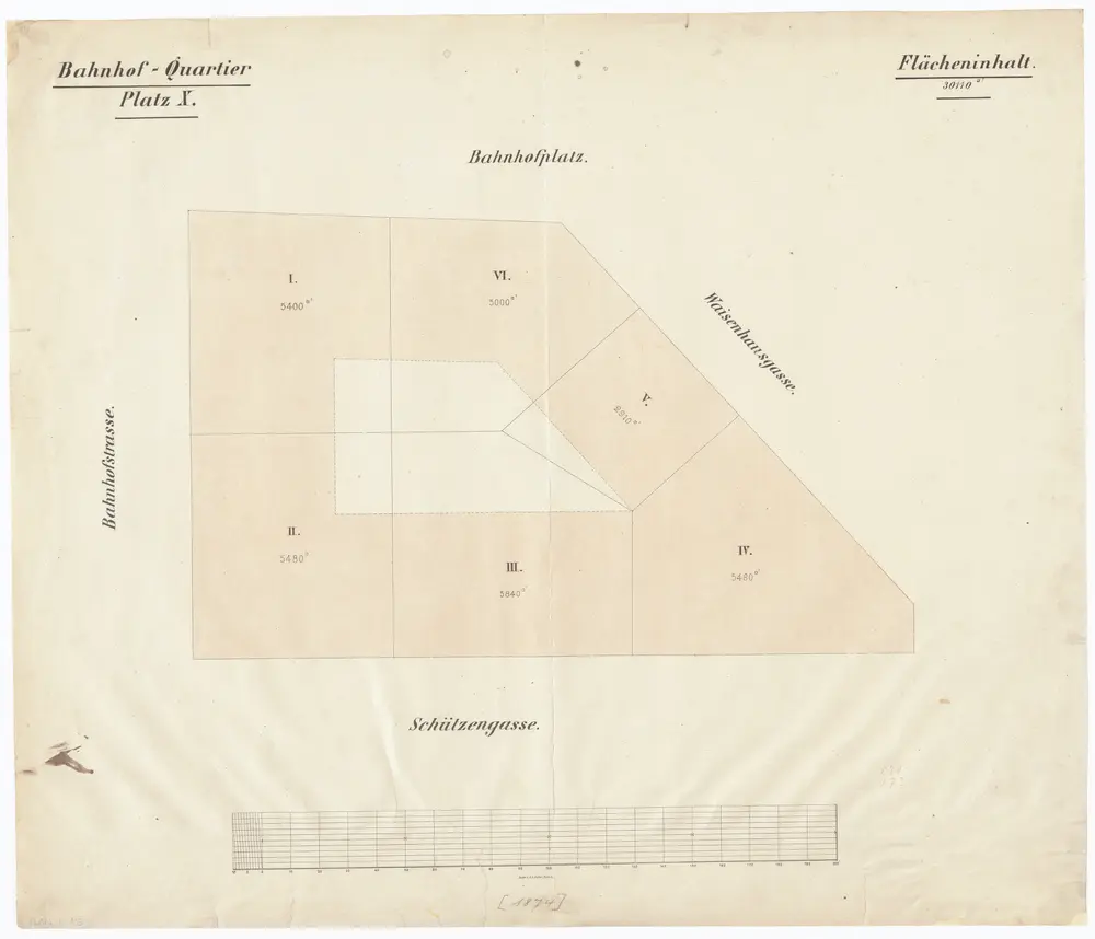 Bahnhofquartier, Bauabteilung 10, Gebäude an der Beatengasse, Waisenhausgasse und Bahnhofstrasse: Einteilung der Bauplätze; Grundriss