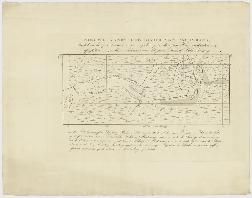 "Nieuwe kaart der rivier van Palembang tusschen het punt. waar zij den 27en Junij 1821 door tien kanoneerbooten afgesloten was, en het noordeinde van het groote eiland of Pulo Borang."