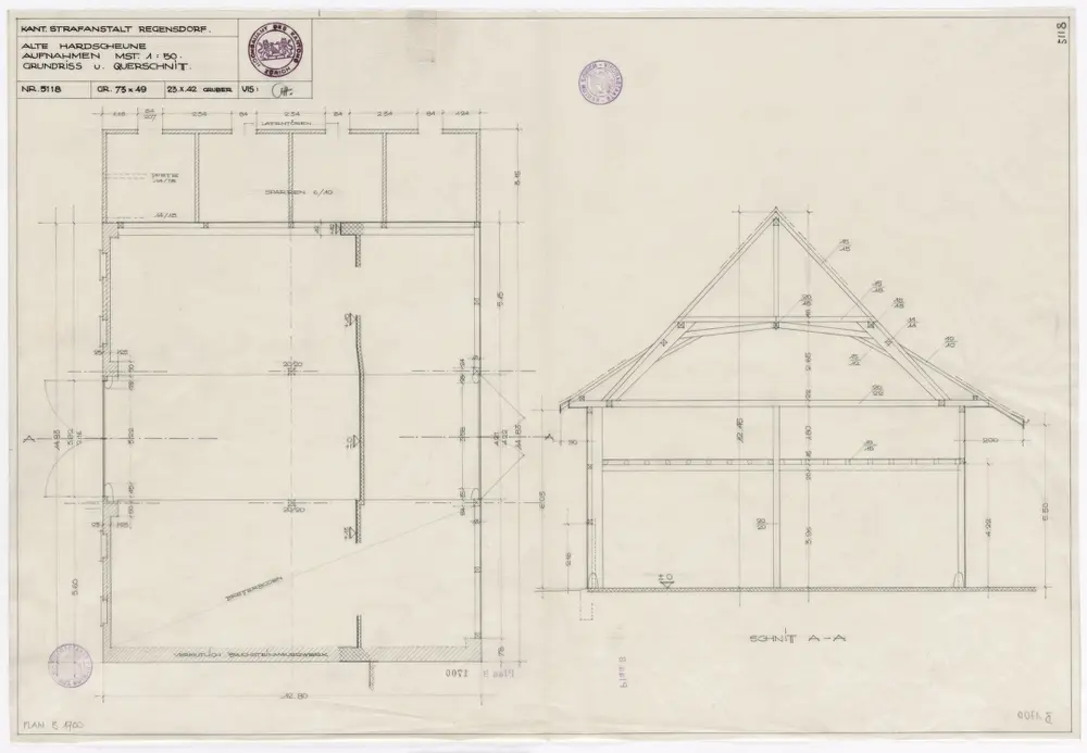 Regensdorf: Strafanstalt, alte Hardscheune; Grundriss und Querschnitt