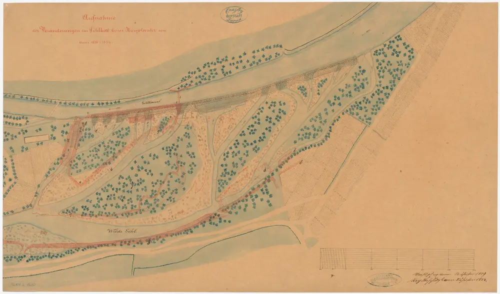 Enge, Wiedikon: Sihl beim Hauptwehr des Sihlkanals, Veränderungen 1816-1859; Situationsplan