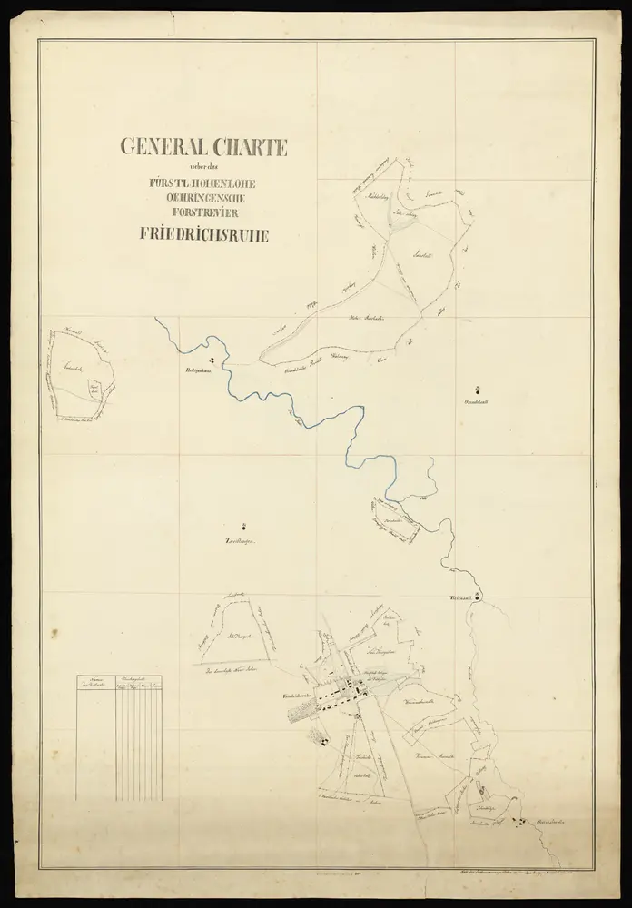 HZAN GA 100_Nr. 76_ : Friedrichsruhe; "Generalkarte über das Fürstlich Hohenlohe-Öhringische Forstrevier Friedrichsruhe ...";ohne Verfasser; nach den Landesvermessungsplatten reduziert 1:25.000;60 x 90 cm; Norden oben;bringt auch Plan der Schlossanlage Friedrichsruhe;Papier; Federzeichnung; Gewässer und Grenzen in Wasserfarben.
