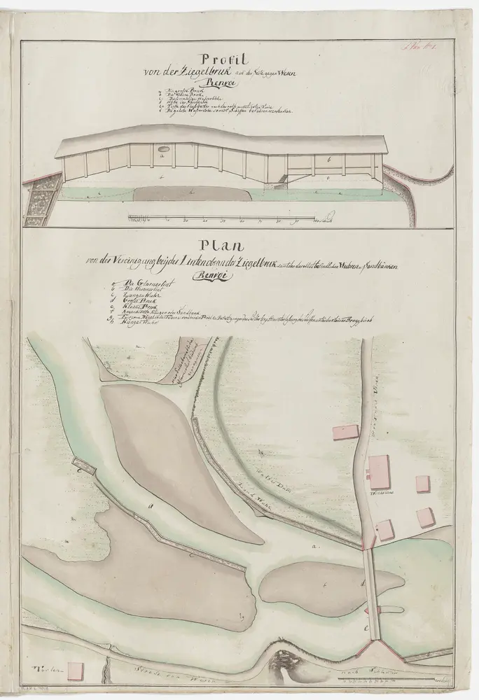 Weesen SG bis Tuggen SZ: Memoire über die Ableitung des Walensees durch Verbesserung des Abflusses der Weesener Linth bei der Ziegelbrücke: Niederurnen GL, Schänis SG: Vereinigung der Glarner Linth und der Weesener Linth bei der Ziegelbrücke samt den dort befindlichen Wuhren und Sandbänken; Längsprofil der Ziegelbrücke und Grundriss