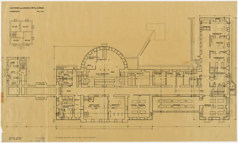 Zürich: Universität, Erweiterung der Anatomie-Abteilung und Umbau des Anatomie-Hörsaals: Anatomie-Abteilung, Keller; Grundriss