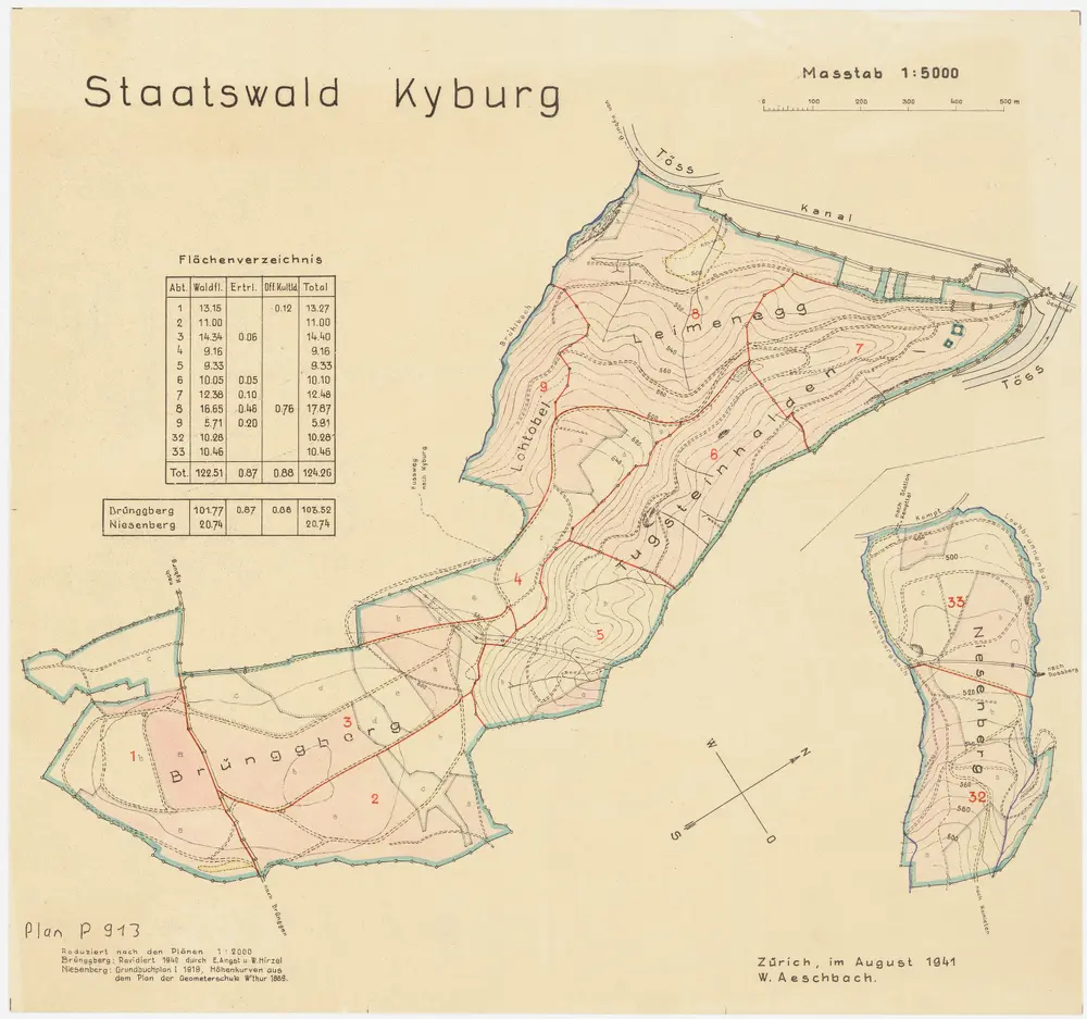 Kyburg, Winterthur: Staatswaldungen Brünggberg, Lohtobel, Leimenegg, Tutschgenhalden (Tugsteinhalden), Niesenberg; Grundrisse