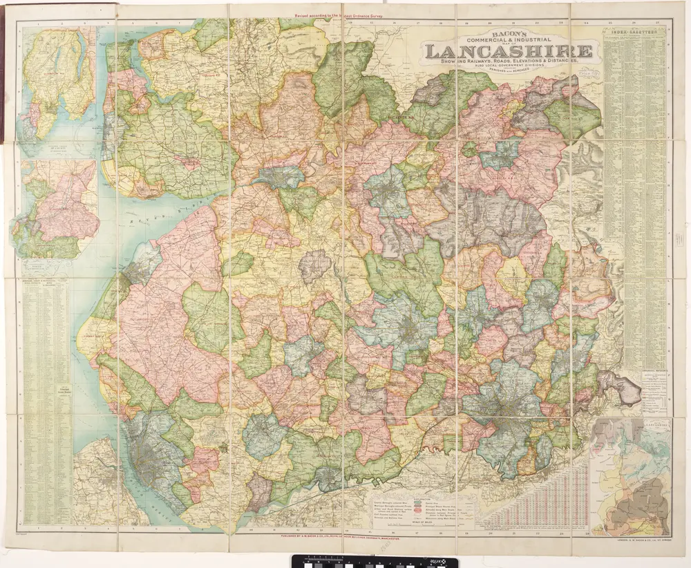 Bacon's commercial & industrial map of Lancashire: showing railways, roads elevations & distances: also local government divisions including parishes with acreages.