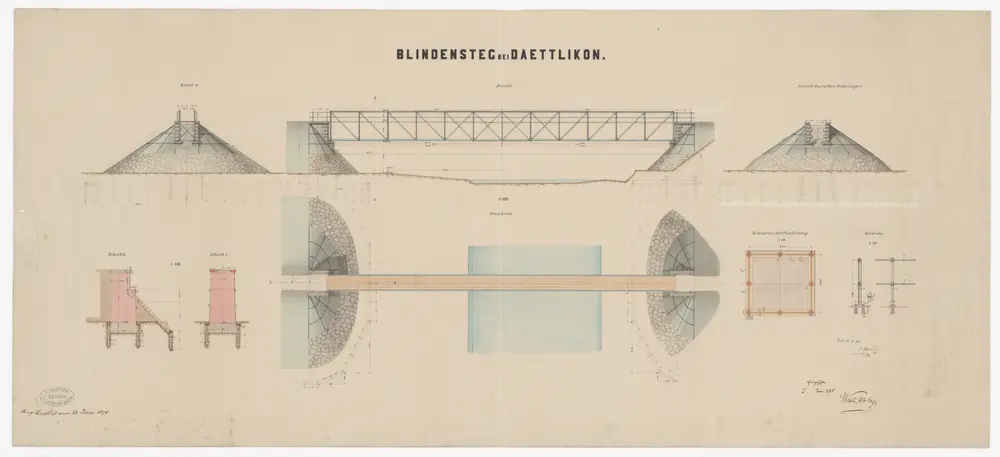 Dättlikon: Eiserner Fachwerksteg über die Töss; Ansichten, Grundrisse und Schnitte