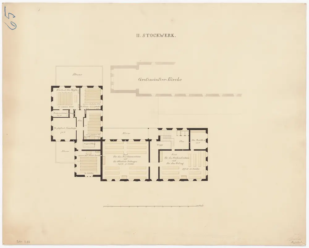 Projektierte Kantonsschule beim Grossmünster: 2. Stock (Untere Industrieschule); Grundriss