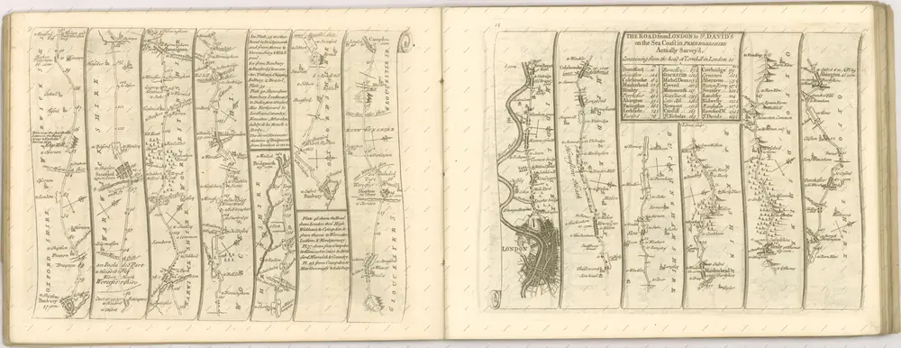 mapa z atlasu "The Roads through England delineated or, Ogilby ́s Survey, Revised, Improved, and Reduced to a Size portable for the Pocket By John Senex F, R, S. Being an Actual Survey of all the Principal Roads of England, And Wales, Distinctly laid down on one hundred "