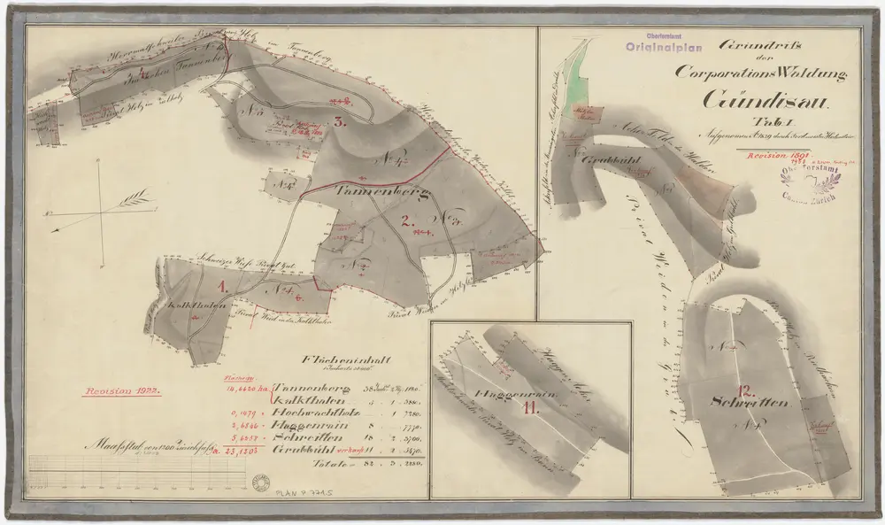 Russikon: Gemeindewaldung bzw. Genossenschaftswaldung Gündisau: Genossenschaftswaldungen Tannenberg, Kalkthalen, Haggenrain, Grubbühl, Schriten (Schreitten); Grundrisse (Tab. I)