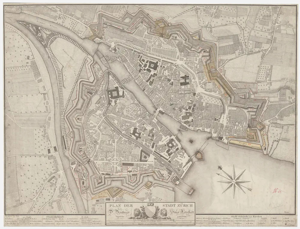Zürich: Schanzen der Stadt und der nächsten Umgebung mit Einzeichnung der Schanzbezirke; Grundriss