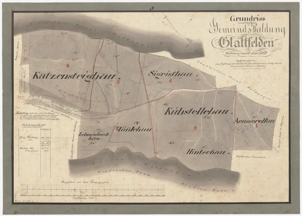 Glattfelden: Gemeindewaldung: Üsserhau (Äusserer Hau), Hinterhau, Chüestellihau (Kühstellehau), Sigristenhau, Lenibuck (Lehmenbuckhau), Chatzenstig (Katzensteighau), Franzenhau; Grundriss