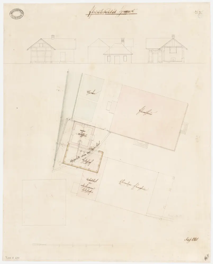 Henggart: Pfarrhaus, Waschhaus und Holzschuppen, ehemalige und neue Standorte; Grundriss und Ansichten des Holzschuppens und Waschhauses (Nr. 9)