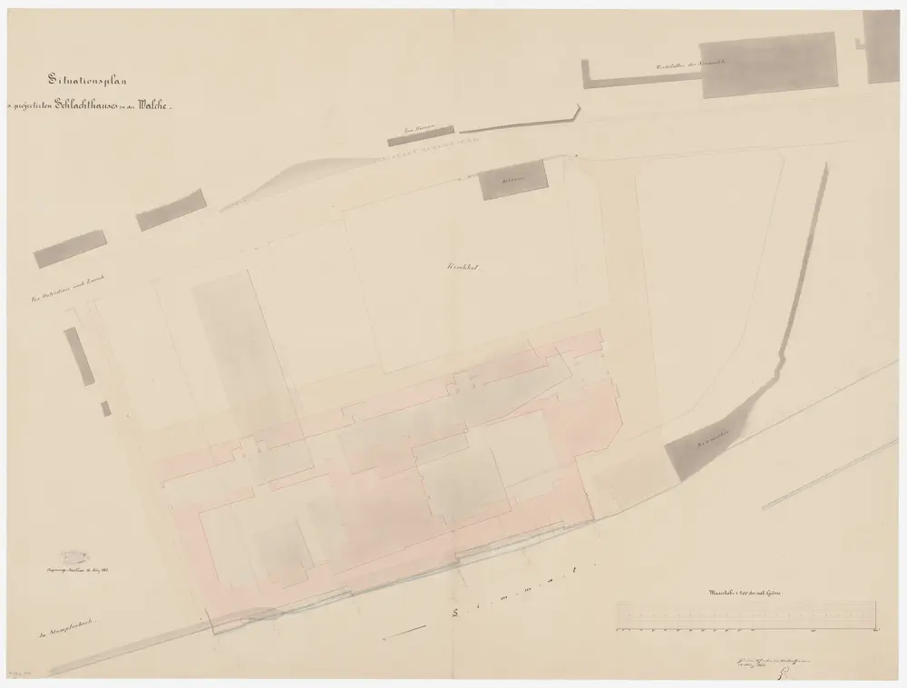 Zürich: Projektiertes Schlachthaus in der Walche; Situationsplan und Grundriss (Zürichsee-Abfluss Nr. 59 b)