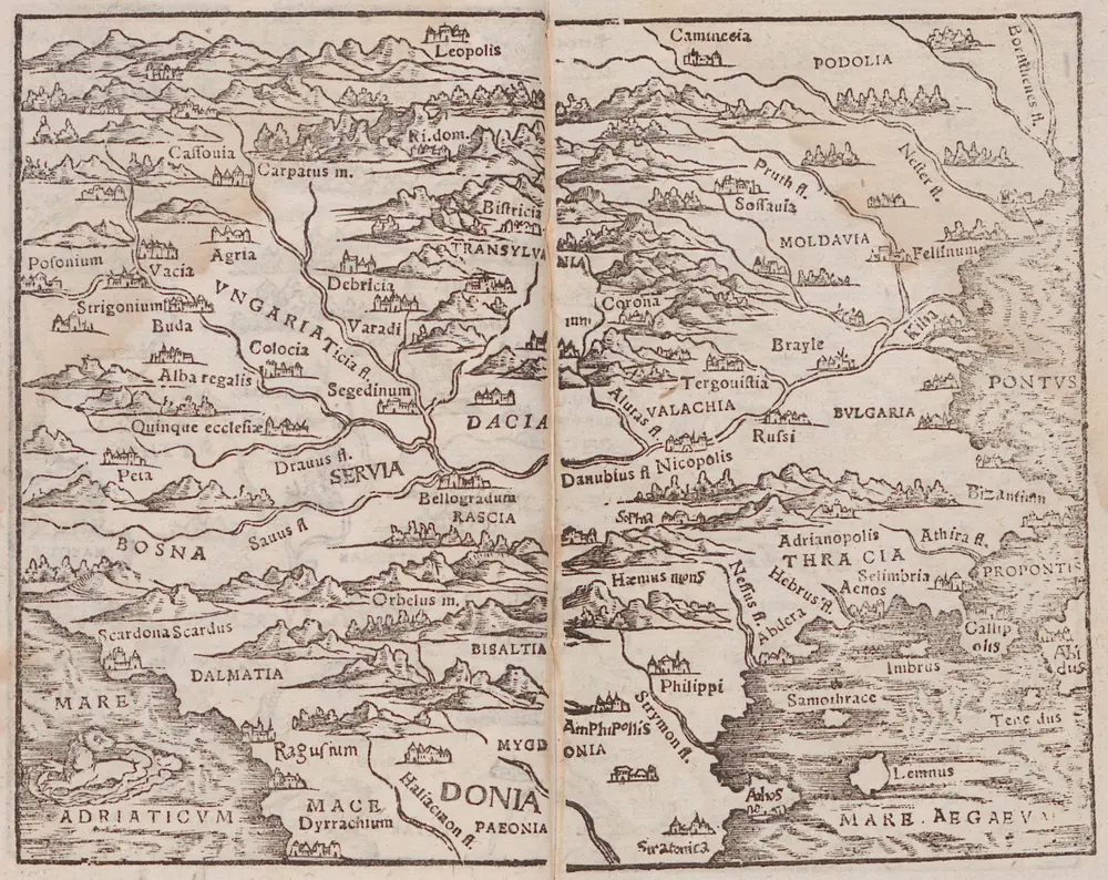 [Ungaria, Bosna, Dacia, Podolia, Thracia] [Karte], in: Rudimentorum Cosmographicorum Ioan. Honteri Coronensis libri III. cum tabellis Geographicis elegantissimis, S. 78.