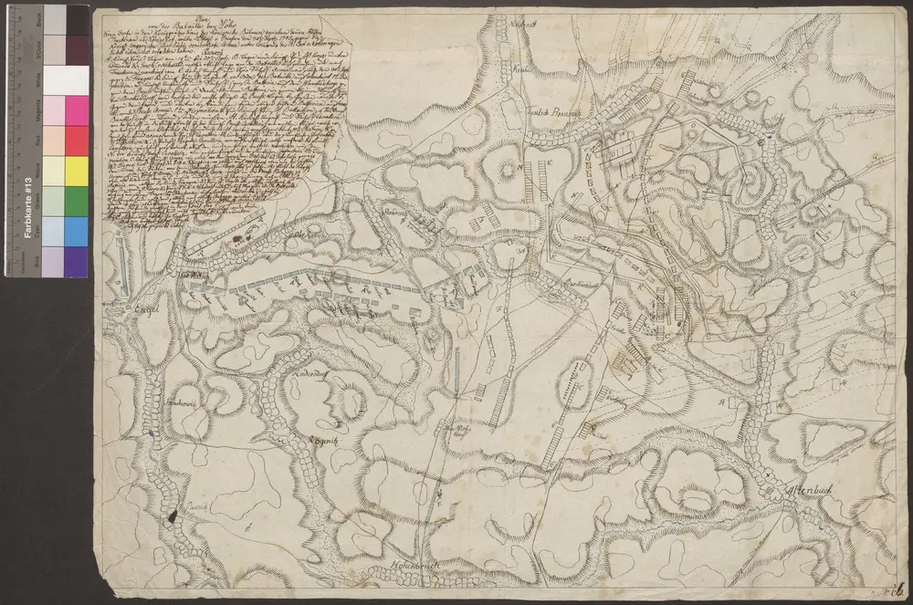 HZAN GA 100_Nr. 836_ : Soor; "Plan von der Bataille bei Soor ... Königgrätzer Kreis";ohne Verfasser; ohne Maßstab;59,5 x 43 cm;Kartenrand: Nimmersatt-Keile; Soor-Altenbach; Höhenbrück; Kugel-Sauchowitz-Prausnitz;Papier; Federzeichnung mit Schraffen; Siedlungen angedeutet; Gewässer in Wasserfarben; Truppenstellungen; Erklärungen.