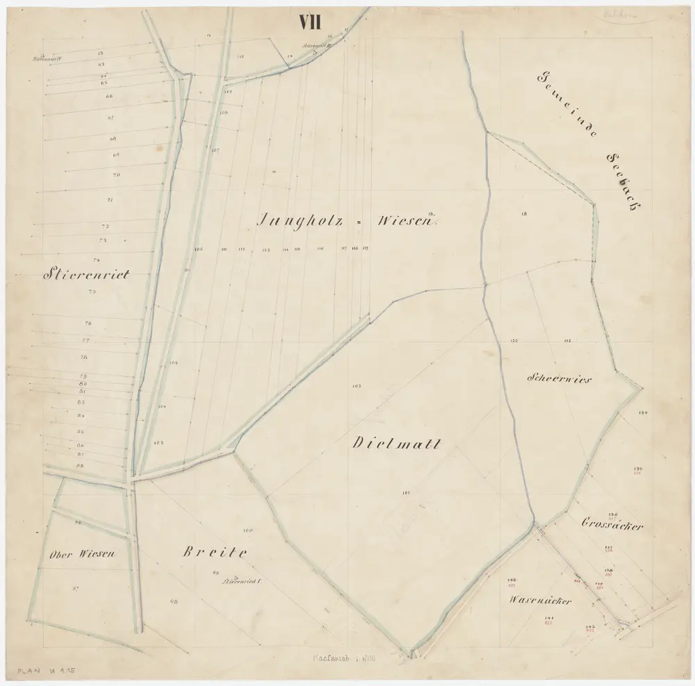 Oerlikon: Gemeinde; Kataster-Ergänzungspläne: Blatt VII: Stierenried, Jungholzwiesen, Oberwiesen, Breite, Dietmatt, Scheerwies, Wasenäcker und Grossäcker; Situationsplan