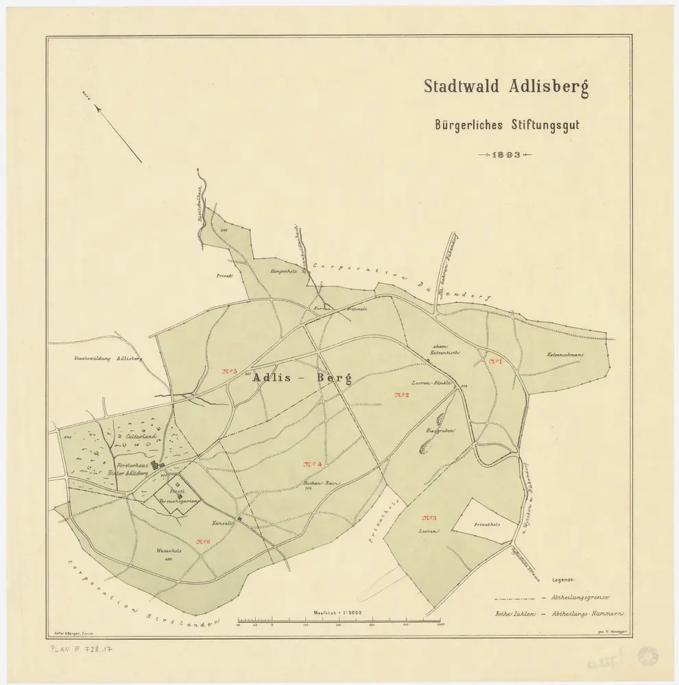 Horgen, Langnau am Albis, Thalwil, Hottingen, Zürich: Staatswaldungen, Genossenschaftswaldungen und Zürcher Stadtwaldungen: Zürich: Stadtwaldung Adlisberg (Bürgerliches Stiftungsgut); Grundriss