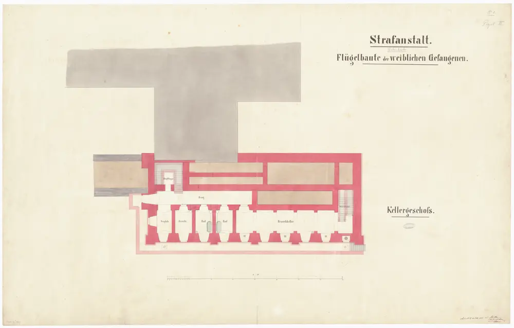 Kantonale Strafanstalt Oetenbach: Um- und Ausbau; Flügel für weibliche Gefangene, Kellergeschoss; Grundriss (2. Projekt)