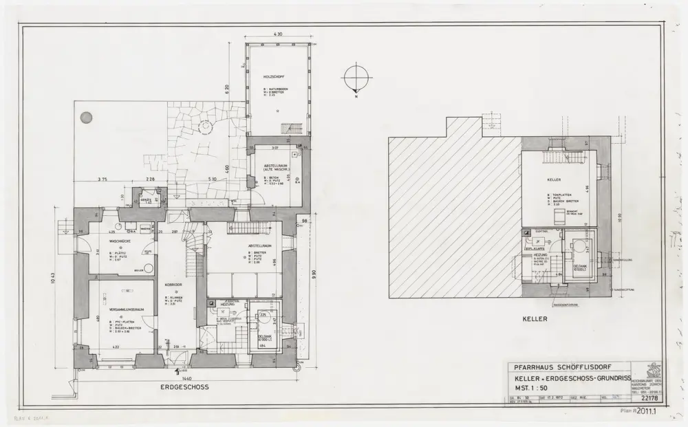 Schöfflisdorf: Pfarrhaus mit angebautem Schuppen: Pfarrhaus, Keller und Erdgeschoss; Grundrisse