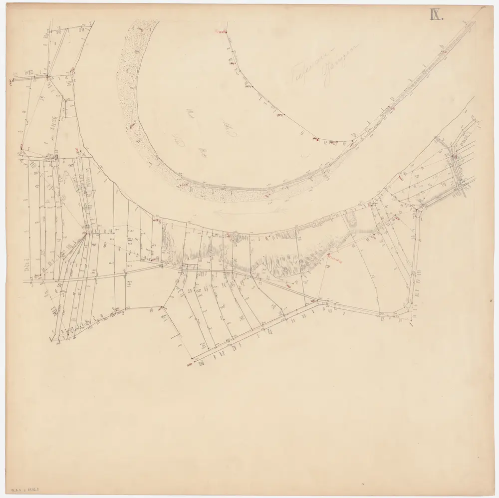 Thalheim an der Thur (damals Dorlikon) bis Andelfingen (damals Grossandelfingen): Thur von der Kantonsgrenze bei Fahrhof bis zur Andelfinger Eisenbahnbrücke; Situationsplan-Handrisse: Adlikon: Tüfenau: Situationsplan-Handriss (Blatt IX)