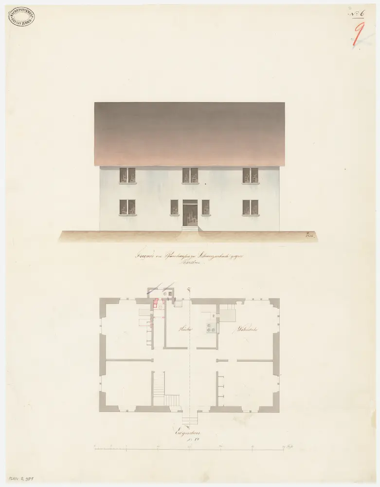 Schwerzenbach: Pfarrhaus; Grundriss des Erdgeschosses und Nordansicht (Nr. 9)