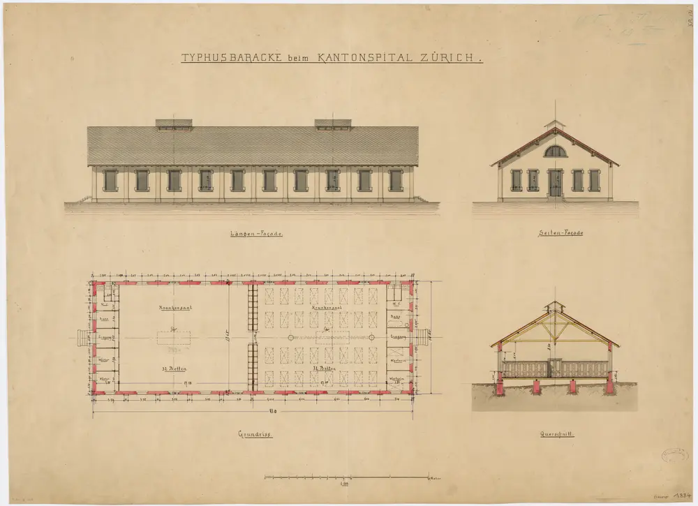 Fluntern: Kantonsspital, Thyphusbaracke; Ansichten, Grundriss und Querschnitt