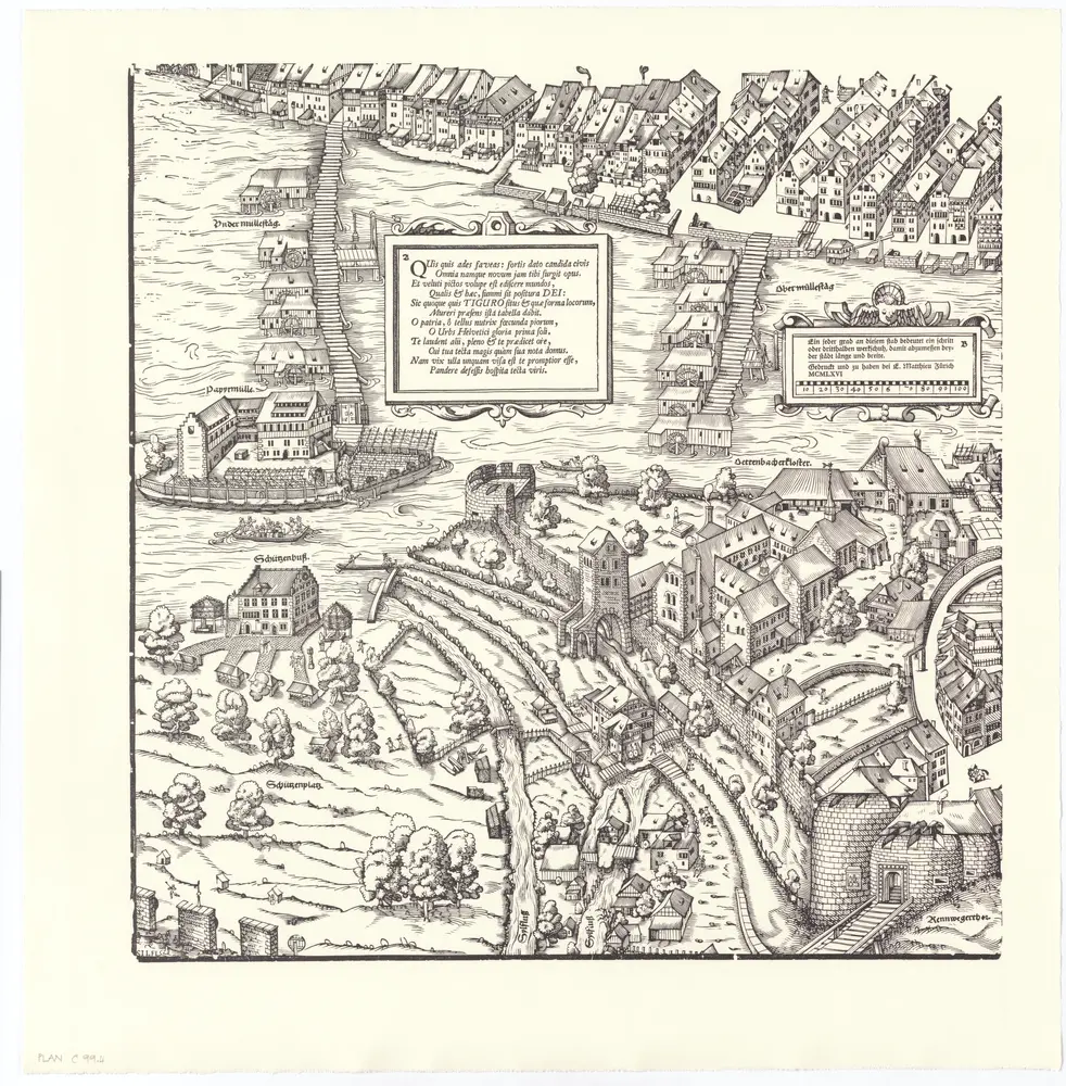 Holzschnitt-Planvedute (Ansichtsplan) der Stadt Zürich (Murer-Plan) von 1576: Blatt 4: Teilplan unten links