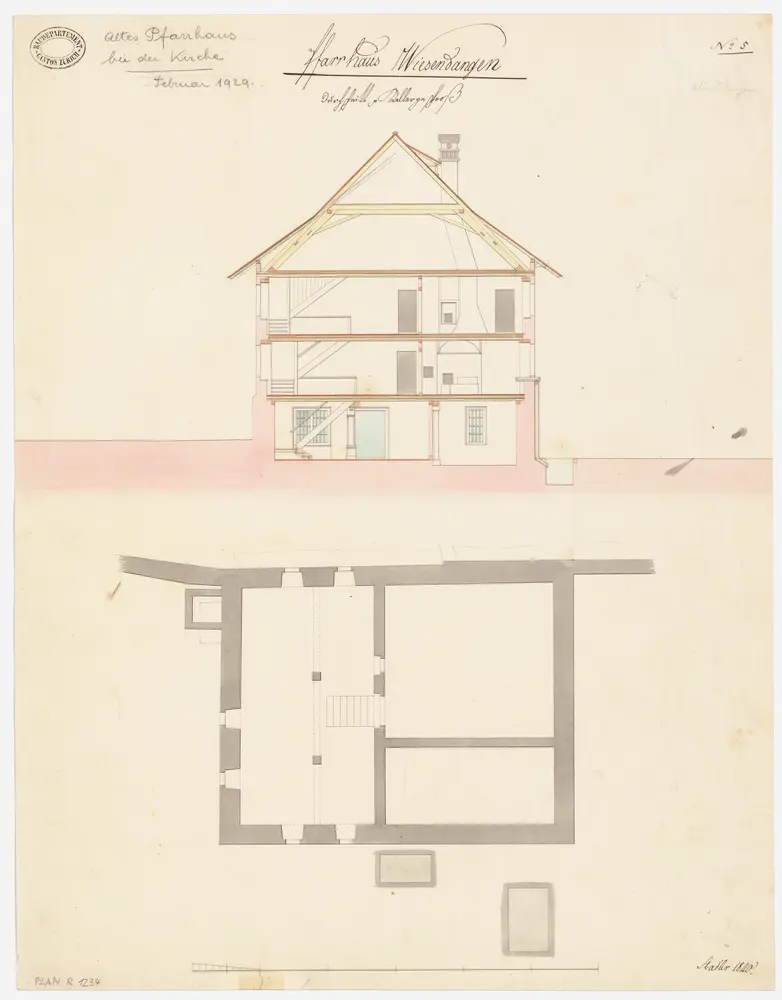 Wiesendangen: Altes Pfarrhaus bei der Kirche, Grundriss des Kellers und Querschnitt (Nr. 5)