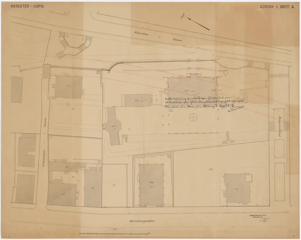 Direkte Einführung der rechtsufrigen Zürichseebahnstrecke von Stadelhofen zum Hauptbahnhof Zürich, Tunnelbau beim Haus zum Stockargut; Übersichtsplan